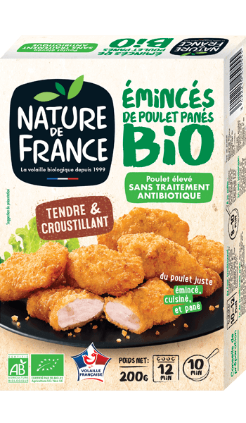 Emballage d'émincés de poulet panés bio Nature de France