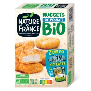 Image des délicieux Nuggets de Nature de France avec un encart spécial mettant en valeur l'opération Défis-Nature. L'encart présente les cartes à collectionner, illustrant la biodiversité française, offertes avec le produit. Une collaboration ludique et engagée pour sensibiliser à la préservation de la biodiversité.